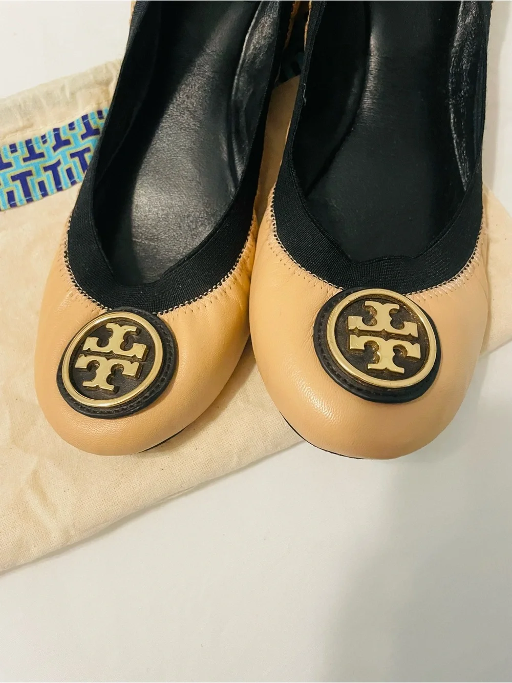 Tory Burch Beige Leather Logo Ballet Flats